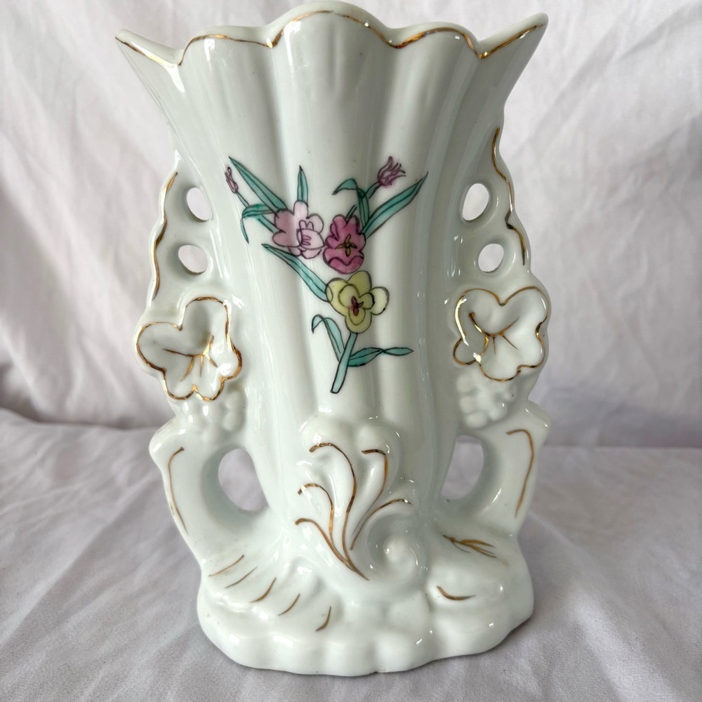 Vintage 60s white ceramic baroque vase gilt floral hand painted glam decor